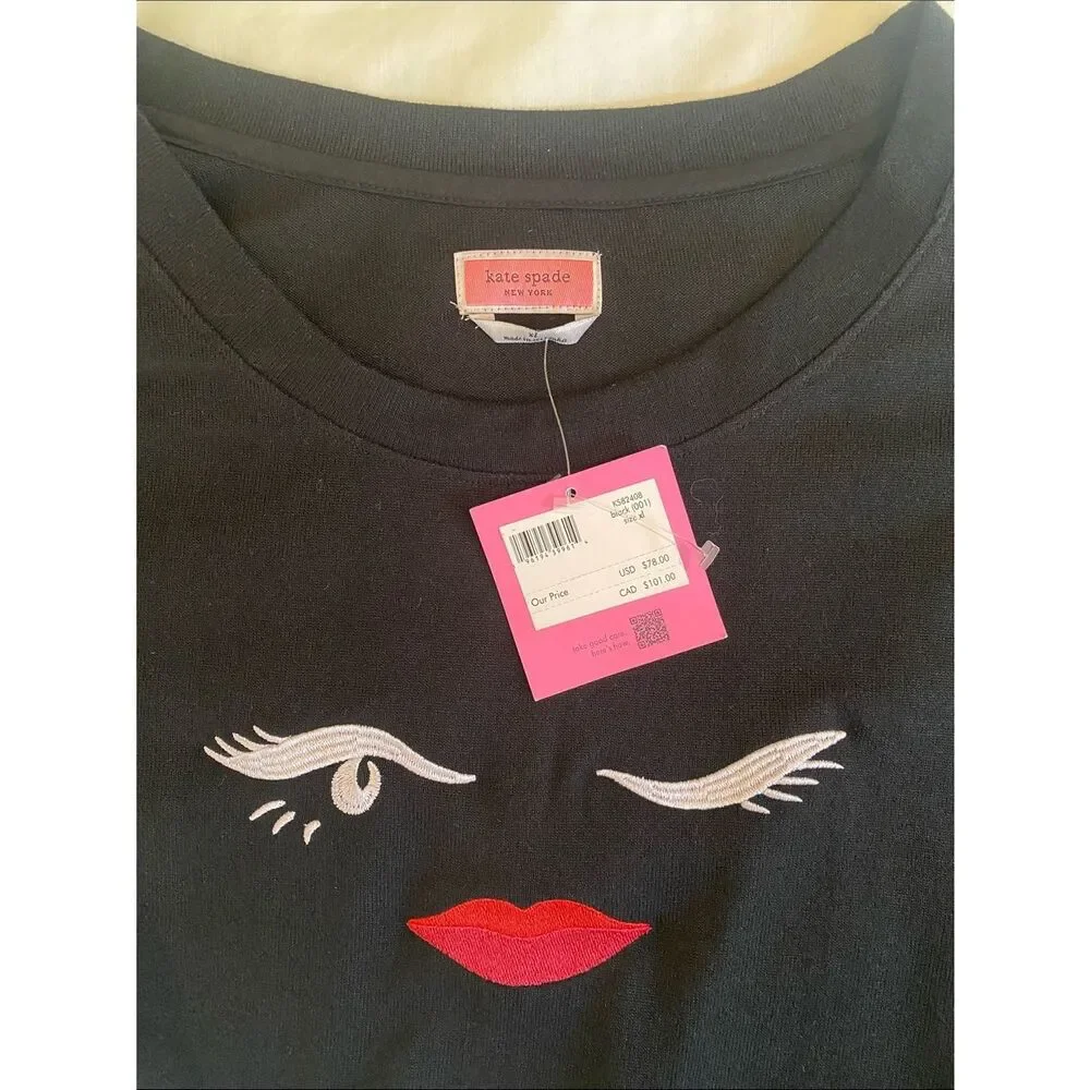 kate spade Black Sweatshirt with Embroidered Wink Face and Red Lips and pant.
